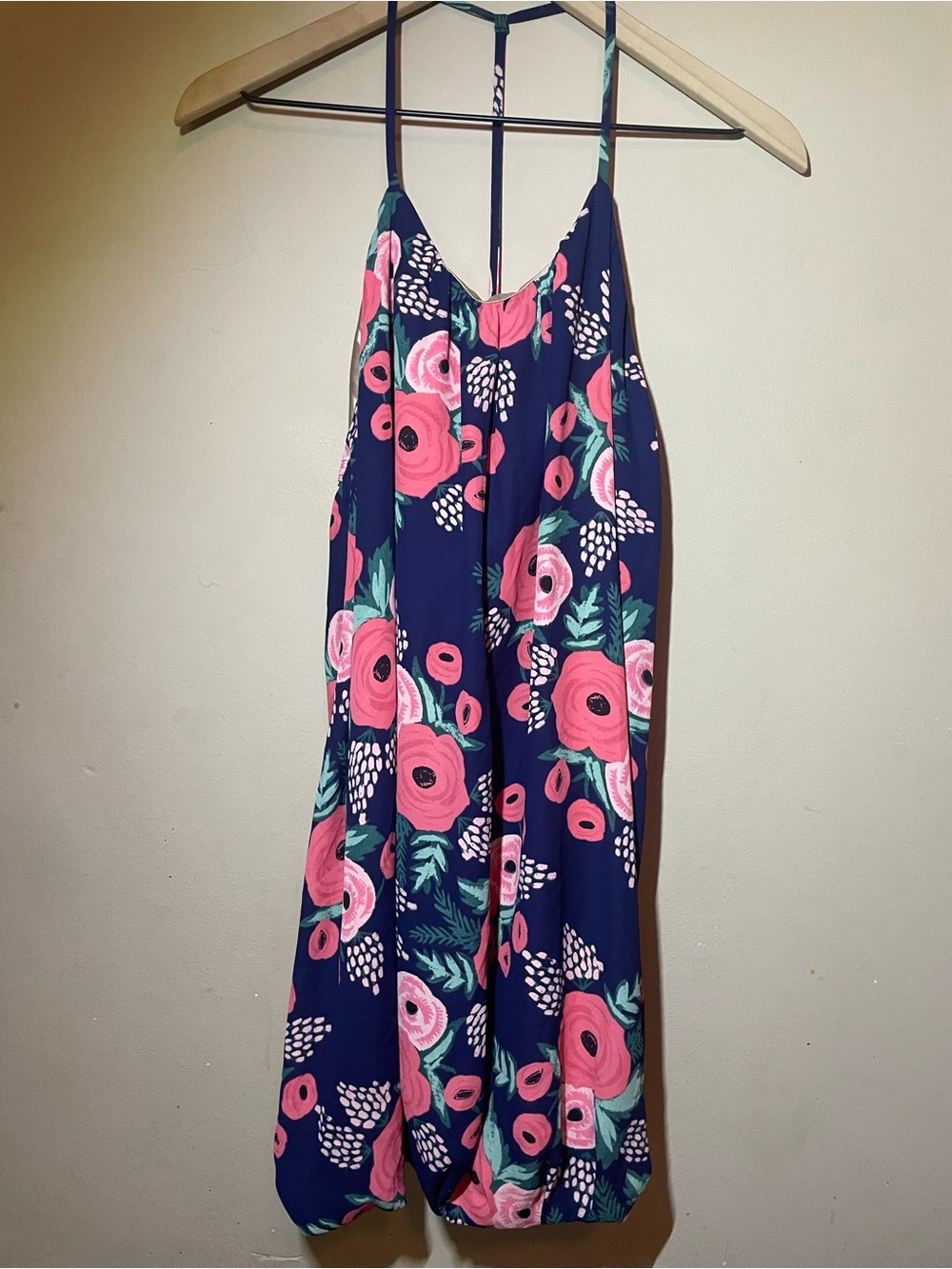 Rifle Paper Co. Navy Floral Bubble Hem Mini Dress with Pink Blooms Medium